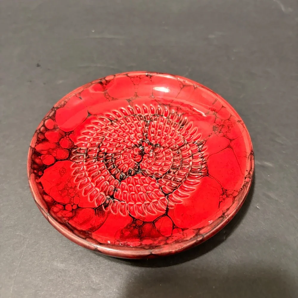 Red Artisan Ceramic Garlic Grater Plate Black Marble Bubble Glaze 4.75 Inch